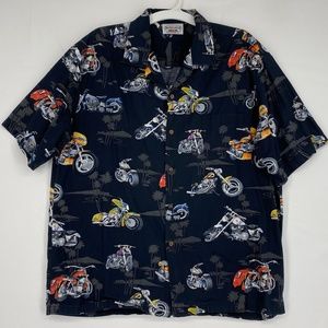 Pacific Legend Mens XL Vintage Hawaiian Shirt Black Motorcycles Print Short Slv
